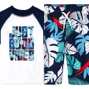Boys swimsuit trunks & rash guard tropical JUST GOOD VIBES size small 5/6